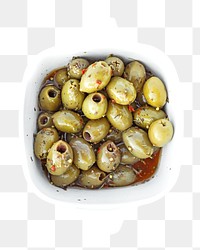 PNG Spicy pickled olives in a white bowl, collage element, transparent background