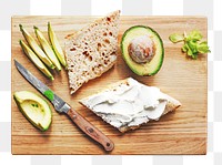 PNG Preparation of a healthy avocado toast, collage element, transparent background