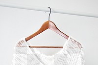 Knitted poncho png mockup, wooden hanger, transparent design