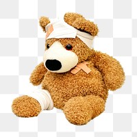 PNG Injured teddy bear, collage element, transparent background.