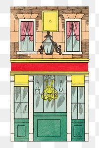 PNG vintage shop front, chromolithograph art, transparent background. Remixed by rawpixel. 