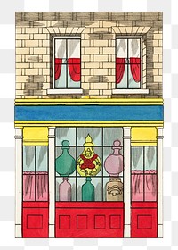 PNG vintage shop front, chromolithograph art, transparent background. Remixed by rawpixel. 