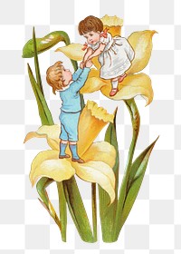 Vintage kids png daffodil flower chromolithograph art, transparent background. Remixed by rawpixel. 