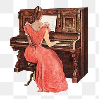 Vintage woman png playing piano chromolithograph, transparent background. Remixed by rawpixel. 