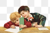 Boys png doing homework vintage illustration, transparent background. Remixed by rawpixel. 