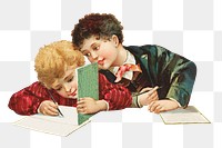 Boys png doing homework vintage illustration, transparent background. Remixed by rawpixel. 