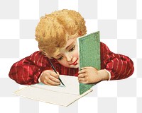 Boy png doing homework vintage illustration, transparent background. Remixed by rawpixel. 