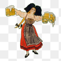 PNG vintage woman serving beers, chromolithograph art, transparent background. Remixed by rawpixel. 