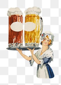 PNG vintage woman serving beers, chromolithograph art, transparent background. Remixed by rawpixel. 