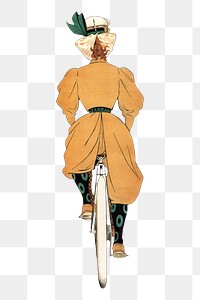 PNG vintage woman riding bicycle, chromolithograph art, transparent background. Remixed by rawpixel. 