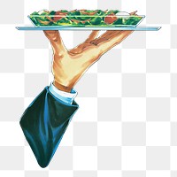 PNG vintage hand serving salad, chromolithograph art, transparent background. Remixed by rawpixel. 