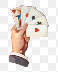 PNG Hand holding play cards, vintage gambling illustration by George S. Harris & Sons, transparent background. Remixed by rawpixel.