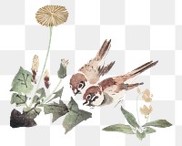 PNG Sparrow birds, Japanese traditional illustration by Teisai Hokuba, transparent background. Remixed by rawpixel.