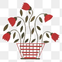 PNG Red tulip flower pot, vintage botanical illustration by Mildred E. Bent, transparent background. Remixed by rawpixel.