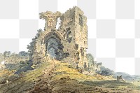 Denbigh Castle  png border, vintage architecture illustration by Thomas Girtin, transparent background. Remixed by rawpixel.