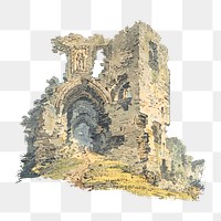 PNG Denbigh Castle, vintage architecture illustration by Thomas Girtin, transparent background. Remixed by rawpixel.