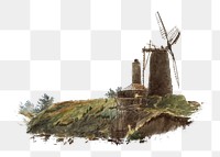 PNG Landscape with Windmill, vintage illustration by Thomas Creswick, transparent background. Remixed by rawpixel.