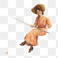Fishing woman png chromolithograph art, transparent background. Remixed by rawpixel. 