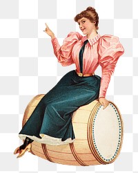 Vintage woman png sitting on barrel, transparent background. Remixed by rawpixel.