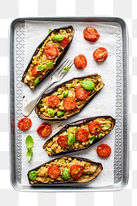 PNG Stuffed roasted eggplants with tomatoes and fresh basil, collage element, transparent background