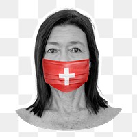 PNG woman wearing face mask, Switzerland flag, collage element, transparent background