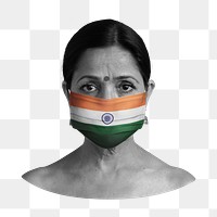 Png Indian woman portrait, mask wearing image on transparent background