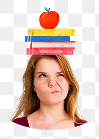 PNG Woman with book stack on her head transparent background