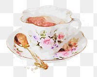 Floral teacup png watercolor collage element, transparent background. Remixed by rawpixel.