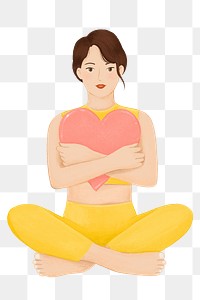 Woman hugging heart png, self-care character illustration, transparent background