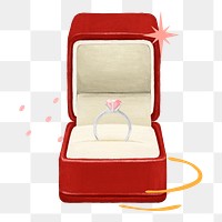 Wedding diamond ring png, red velvet box illustration, transparent background