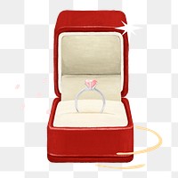 Wedding diamond ring png, red velvet box illustration, transparent background