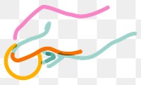 Png hand with coin doodle line art, transparent background