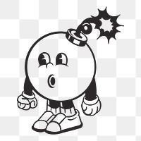 Bomb character png, retro illustration, transparent background