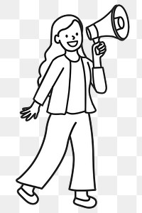 PNG Young woman using loudspeaker for public announcement line drawing sticker, transparent background