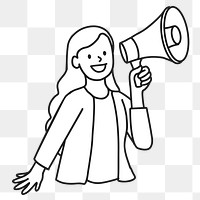 PNG Young woman using loudspeaker for public announcement flat line sticker, transparent background