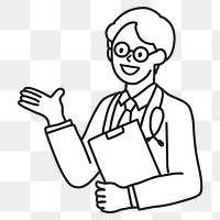 PNG Male doctor holding medical report line art sticker, transparent background