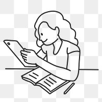 PNG Girl studying on tablet flat line sticker, transparent background