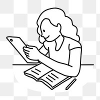 PNG Girl studying on tablet line drawing sticker, transparent background