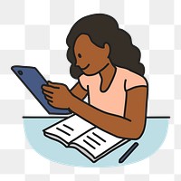 PNG Girl studying on tablet, collage element, transparent background