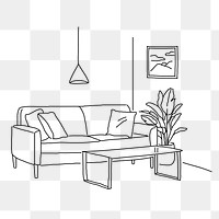 Living room interior png line art illustration, transparent background