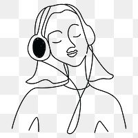 Woman line art png listening to music, transparent background