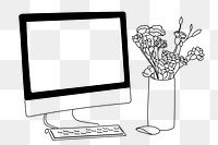 Computer desktop png, workspace line art illustration, transparent background