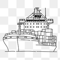 Cargo ship png, industry line art illustration, transparent background