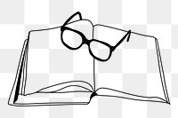 Open book png, eyeglasses line art illustration, transparent background