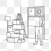 Man png carrying moving box line art illustration, transparent background