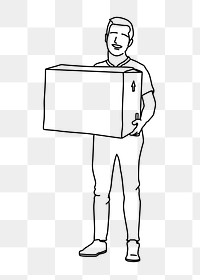 Man png carrying moving box line art illustration, transparent background