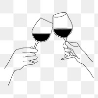 Clinking wine glasses png line art illustration, transparent background