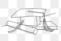 Graduation cap png scroll line art illustration, transparent background