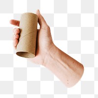 PNG hand holding an empty toilet paper roll, collage element, transparent background