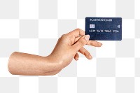 PNG Woman holding a credit card, collage element, transparent background.